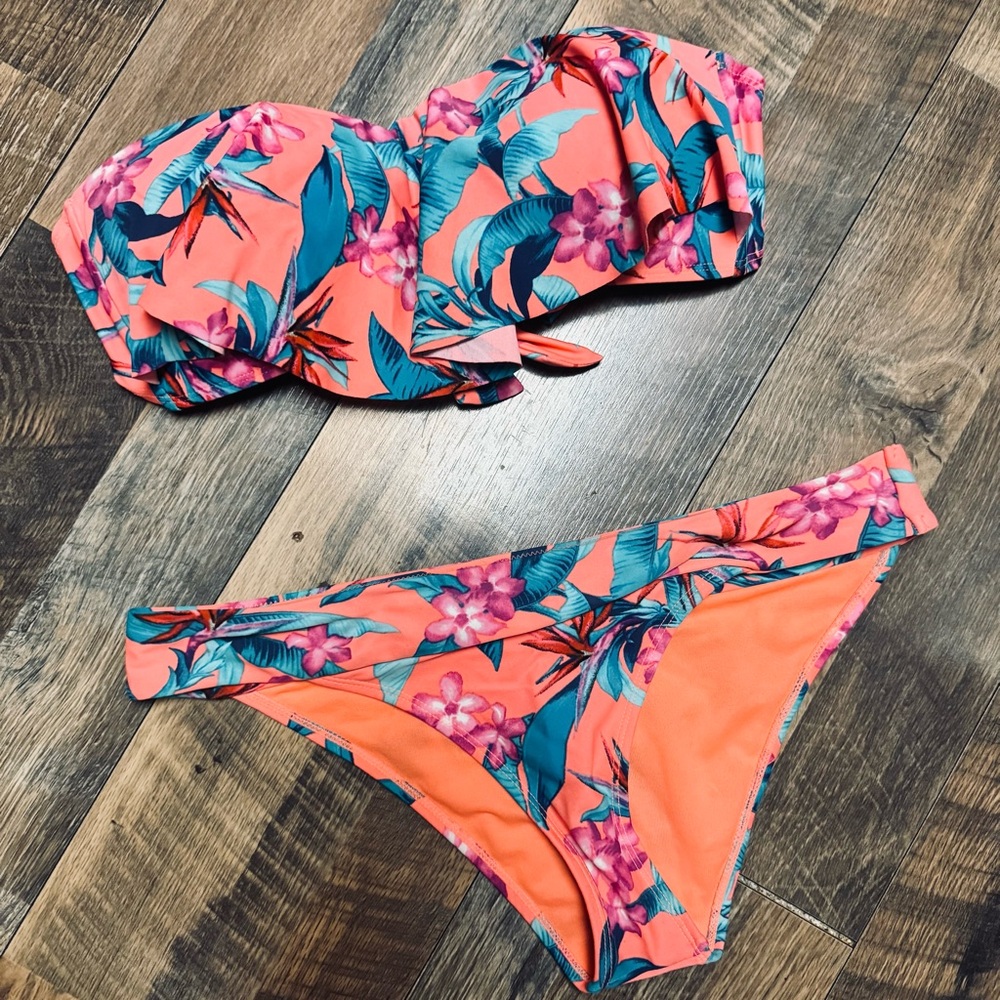 Arizona Jean Company Coral Floral Bandeau Bikini Set